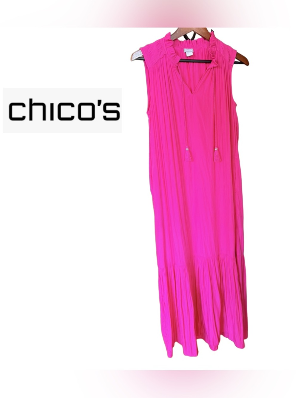 Chicos LinedHot Pink Sleeveless Maxi Dress with Tassel Tie and Pockets